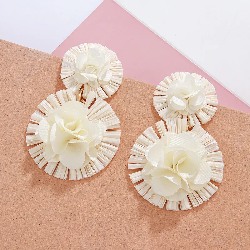 Exaggerated Flower Braid Drop Earrings Retro Raffia Design