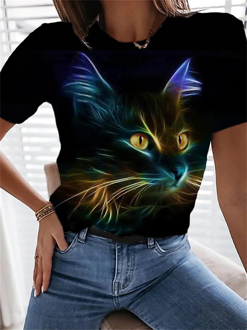 Cat Print T-Shirt Casual Weekend Short Sleeve in Black