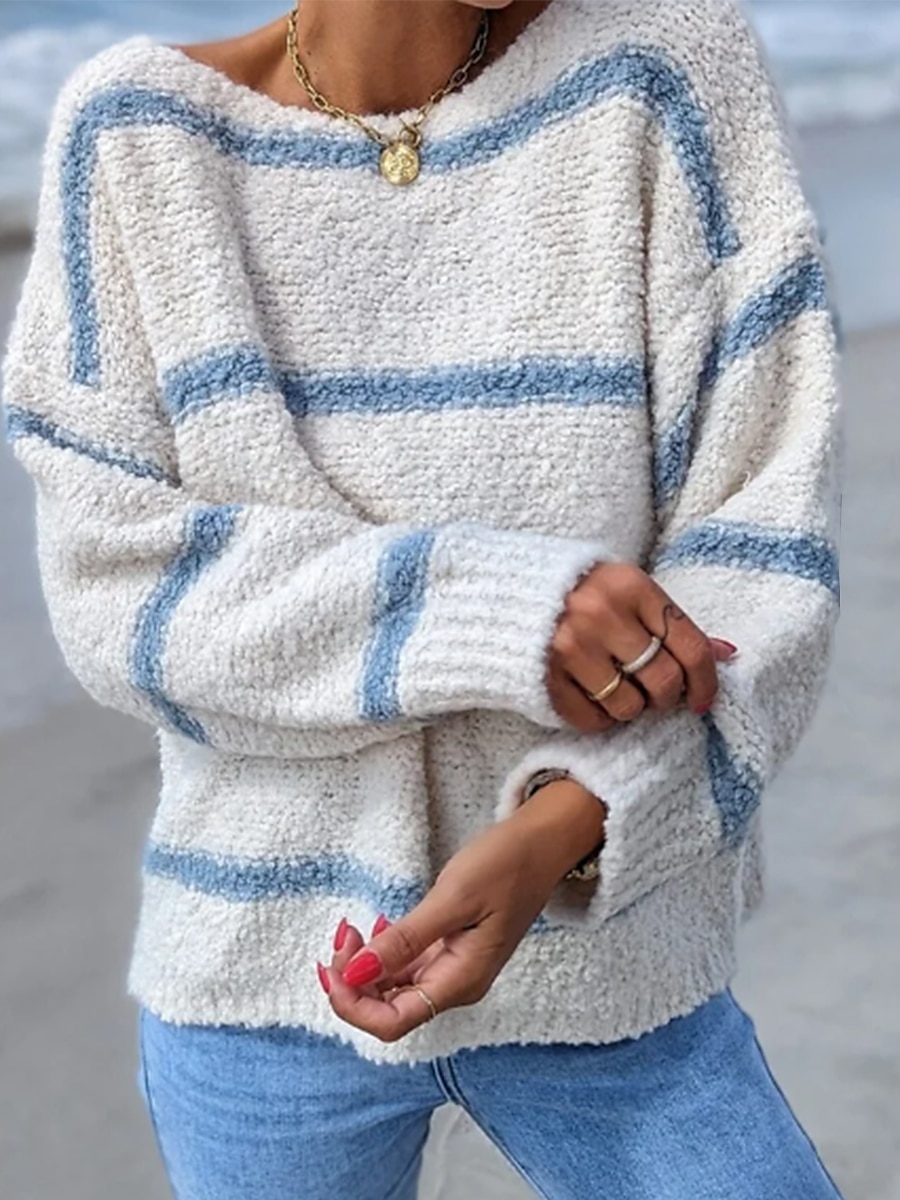 Fuzzy Knit Crew Neck Pullover Oversized Striped Long Sleeve