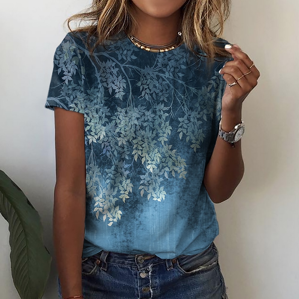 Floral Print Tee Basic Short Sleeve for Holiday in Yellow