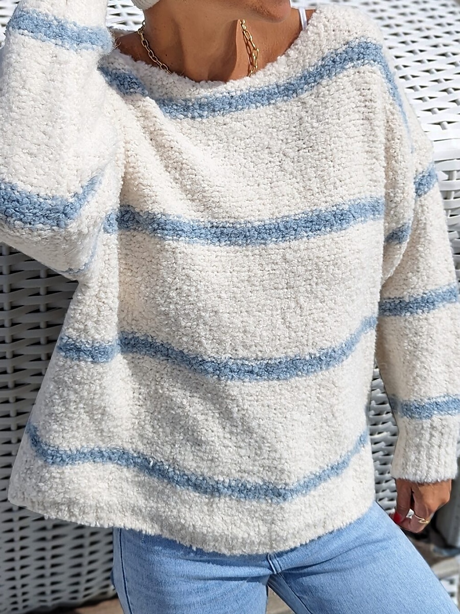 Fuzzy Knit Crew Neck Pullover Oversized Striped Long Sleeve