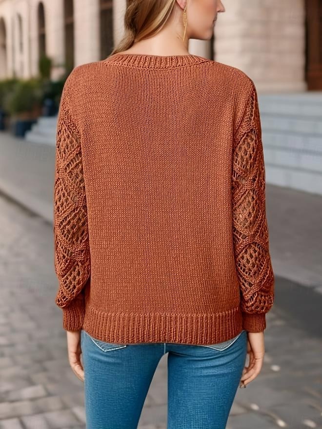 V Neck Crochet Knit Sweater Elegant Solid Color Long Sleeve