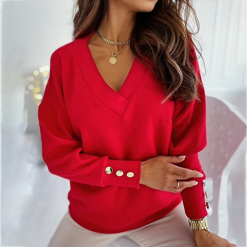 Knitted Button Pullover Elegant Casual V Neck Long Sleeve