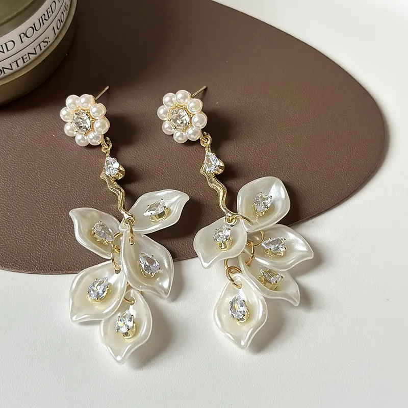 Romantic Petal Plated Drop Earrings Elegant Rhinestone Design