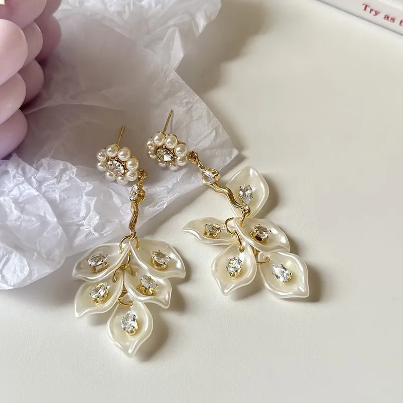 Romantic Petal Plated Drop Earrings Elegant Rhinestone Design