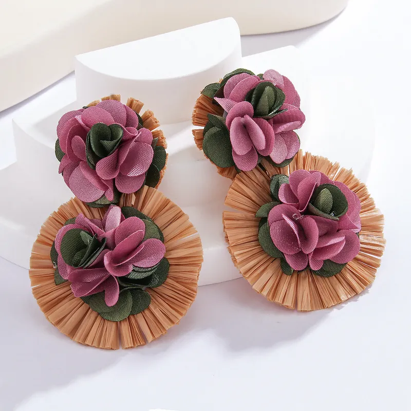 Exaggerated Flower Braid Drop Earrings Retro Raffia Design